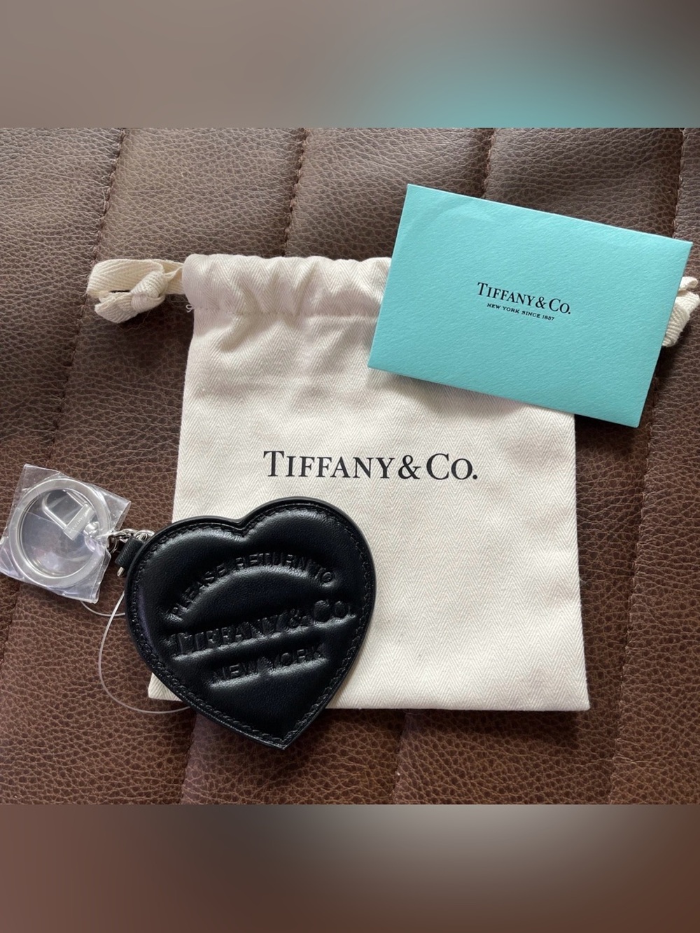 NEW Tiffany & Co. Black Heart Leather Key Ring with Silver Hardware